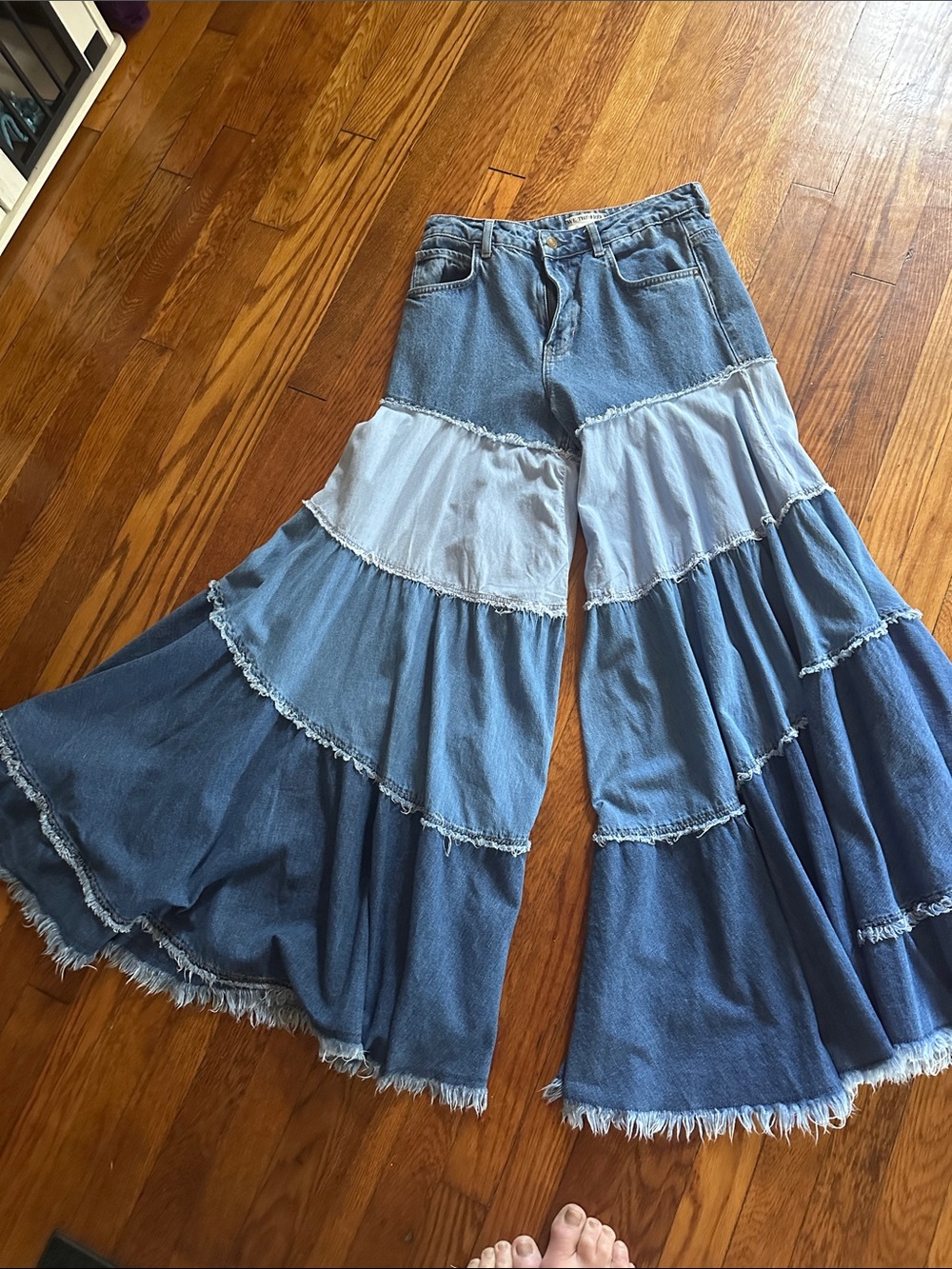 We The Free Two-Tone Blue Tiered Flared Jeans